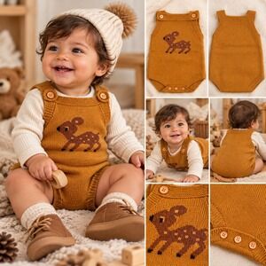 Baby Deer Knit Romper Brown Fawn Intarsia 0-3 Months New